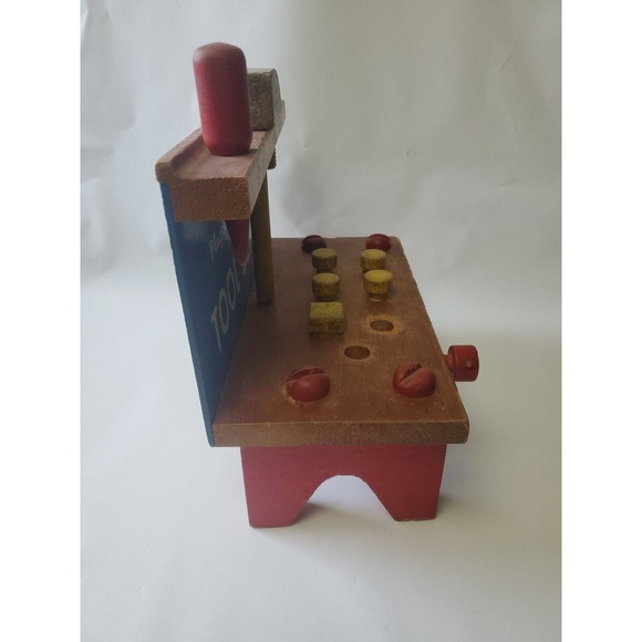 Playskool Vintage Tool Bench with Hammer Pegs brown red and blue, 9 Removable pi - Picture 5 of 11